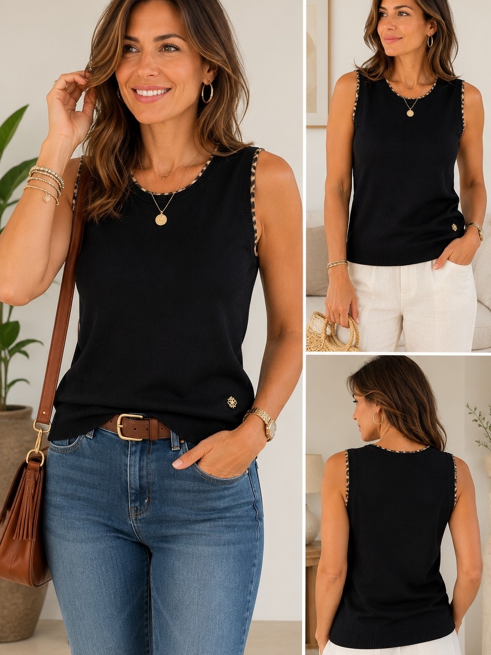 Roberto Cavalli Black Tank with Leopard-Trim Armholes